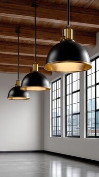 Empty loft interior designed in industrial style with polished concrete floor and large pendant lamps
