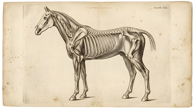 Vintage scientific illustration of horse anatomy showing skeletal and muscular structure.
