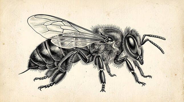 Detailed honey bee scientific illustration in vintage black and white ink drawing style.