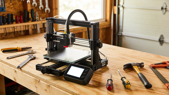 3D printer on a wooden workbench in a garage workshop with tools