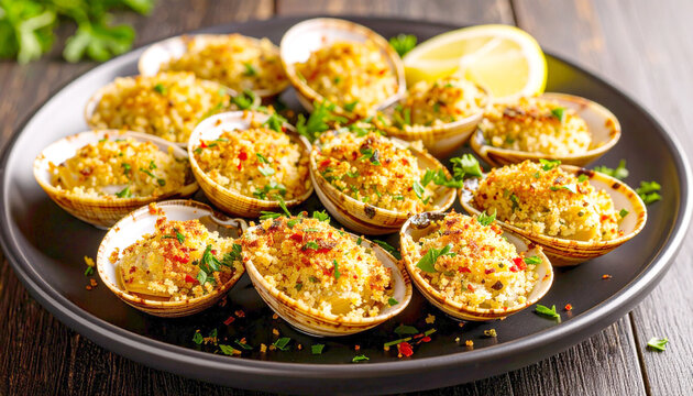 Baked clams topped with breadcrumbs and paprika, black plate. AI