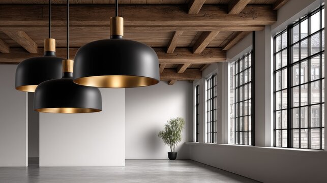 Spacious loft with industrial style showing concrete floor, wooden beams, and unique pendant lights