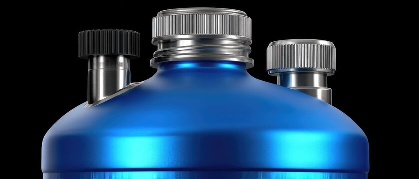 Close-up view of automotive coolant expansion tank with blue fluid and detailed fittings