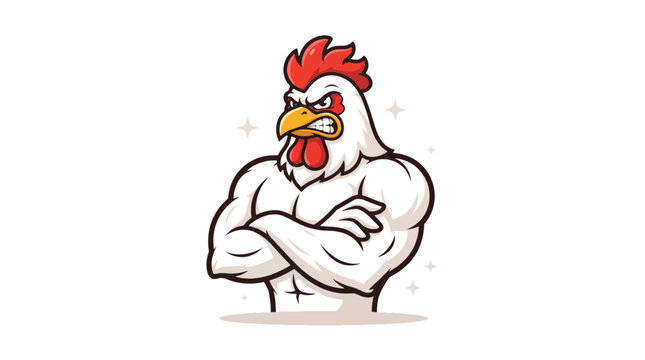 Muscular Chicken Mascot with Crossed Arms.