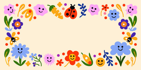 Fototapeta premium Floral frame border with smiling flowers and insects vector illustration