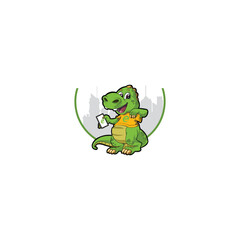 Friendly green dinosaur holding a notepad with a cityscape background. © Tara