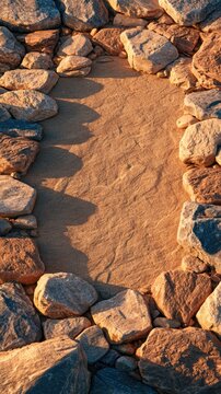 Rough jagged stones frame an empty light brown paper surface with natural textures and sharp edges under soft lighting
