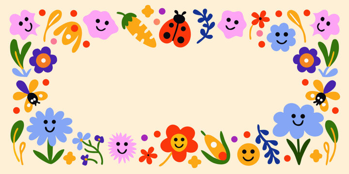 Floral frame border with smiling flowers and insects vector illustration