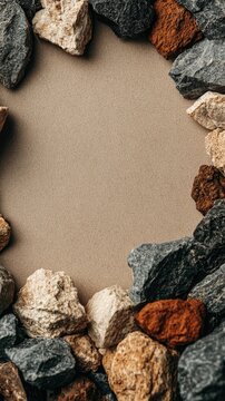 Rough stones form a frame around empty textured paper in a top-down view of natural materials on a flat surface