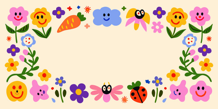 Floral frame with smiling faces and cartoon vegetables vector illustration