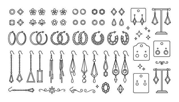 Earrings and Jewelry Accessory Vector Icon Set with Elegant Studs, Hoops, Dangle Earrings, and Luxury Fashion Drops for Retail Graphic Designs