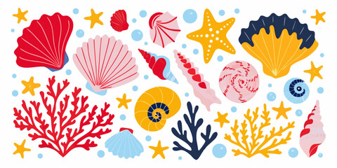 Obraz premium Seashells And Coral Vector Illustration With Bubbles On White Background