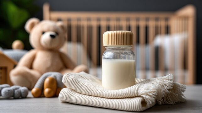 Close up of a glass baby bottle filled with milk on a cream napkin in a cozy nursery setting with baby items softly blurred in the background