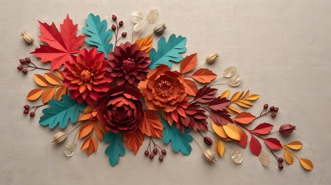 A beautiful thanksgiving banner featuring vibrant autumn leaves and colorful flowers arranged on a textured light background perfect for seasonal holiday greeting cards and invitations