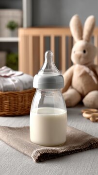 Baby bottle filled with milk on a beige cloth with baby items in the background in a bright setting