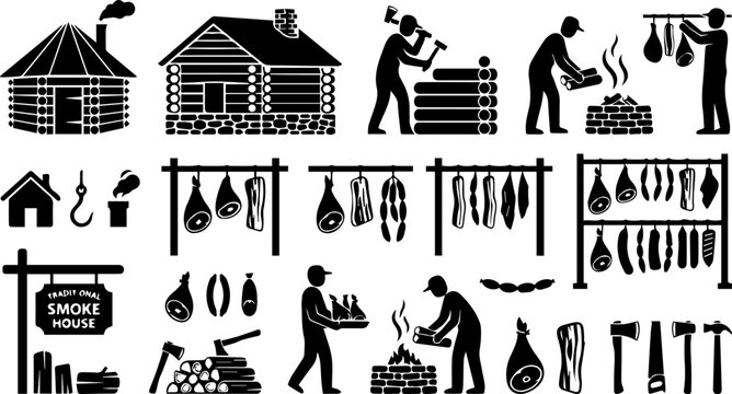 Traditional Smokehouse and Meat Curing Silhouette Clipart with Log Cabin
