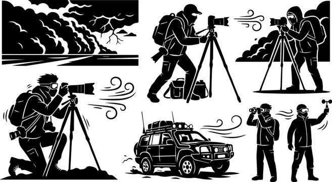 Storm Chaser Photographer Clipart with Camera Tripod and Chase Vehicle