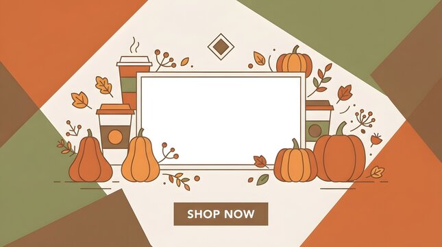 A festive thanksgiving banner featuring autumn pumpkins and seasonal coffee cups on a geometric background perfect for holiday marketing promotions and seasonal retail sales events