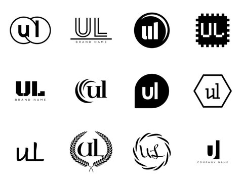 UL logo company template. Letter u and l logotype. Set different classic serif lettering and modern bold text with design elements. Initial font typography.