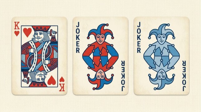 Vintage Style Playing Cards Set Featuring King of Hearts and Two Joker Cards on Textured Background