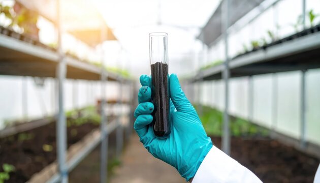 Scientist holding test tube in greenhouse research facility