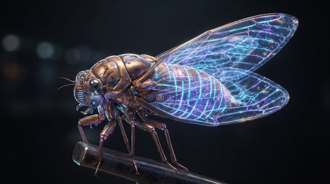 Cyber-organic cicada with glowing wings