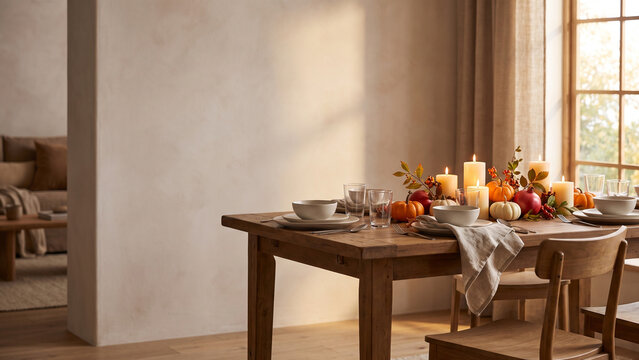 Sunlit Thanksgiving Dining Table with Harvest Centerpiece