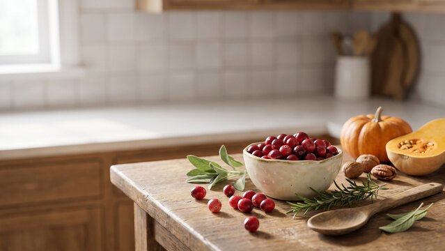 Cranberry Bowl with Pumpkins on a Rustic Kitchen Table