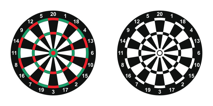 Set of two detailed dartboard vector illustrations featuring classic numbered targets in black, white, red, and green, ideal for darts, sports, games, competitions, and entertainment designs.
