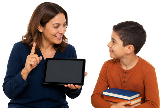 Woman teaching boy with tablet and books. Education, learning, technology, homeschooling, tutoring, student, teacher, classroom.