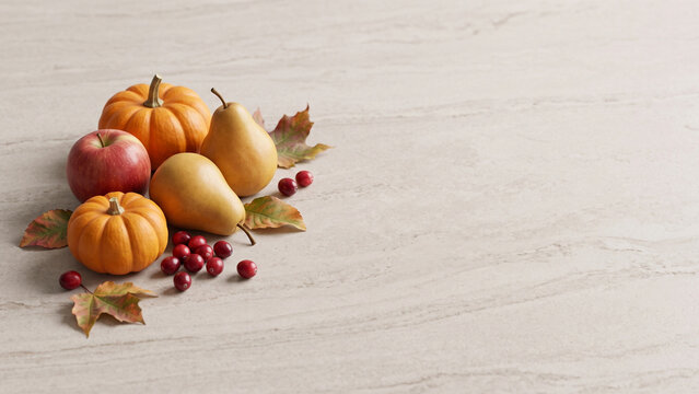 Minimal Autumn Pumpkin and Fruit Arrangement with Copy Space