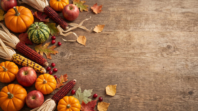 Autumn Harvest Border with Pumpkins Apples and Corn