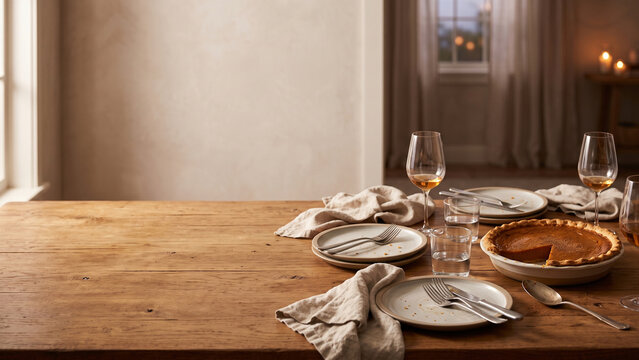 Thanksgiving Dinner Table with Pie and Place Settings