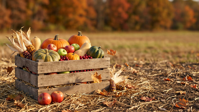 Wooden Crate of Autumn Harvest Produce in a Field