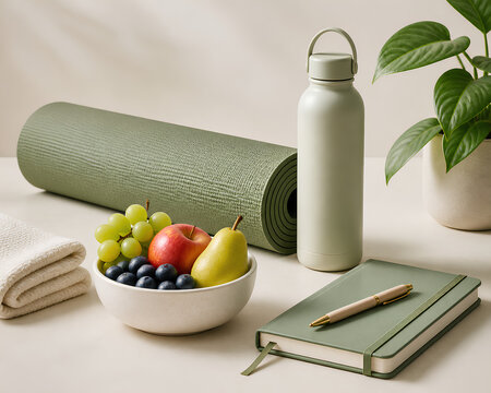 Fresh berries and yoga mat with stainless steel water bottle for healthy lifestyle workout routine