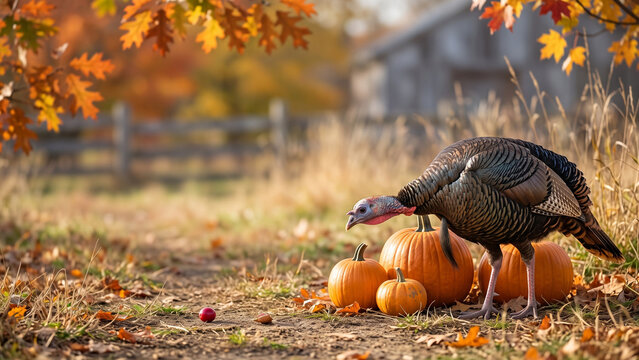 Turkey Foraging Beside Pumpkins in an Autumn Field