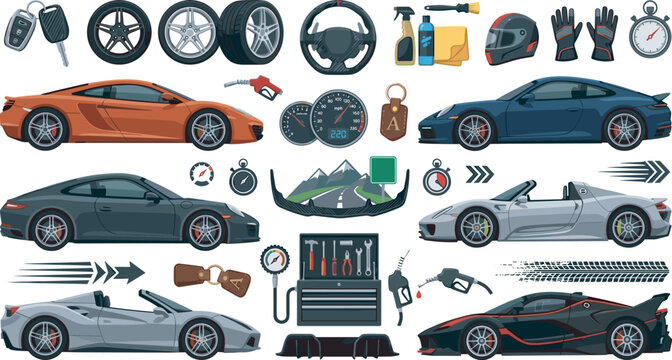 Supercar and sports auto vector icon set featuring luxury racing coupes convertibles steering wheels wheels mechanics tools and high performance track tuning equipment