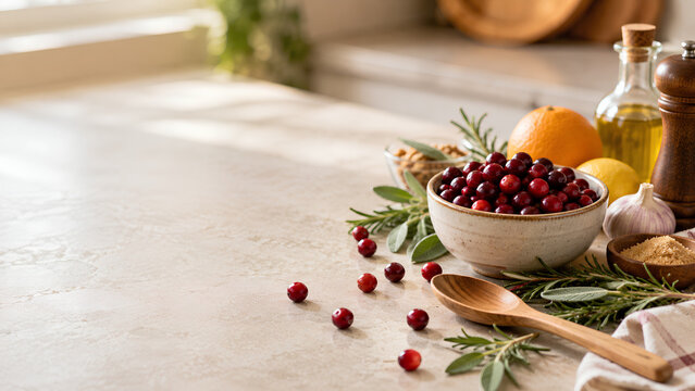 Cranberry Bowl with Pumpkin and Autumn Copy Space