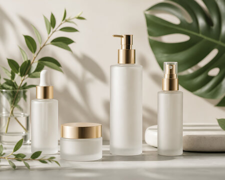 Minimalist luxury skincare bottles with gold caps on marble counter with green leaves backdrop