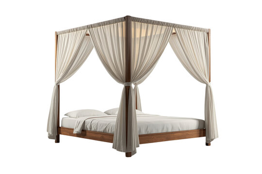 Wooden four poster canopy bed with cream curtains