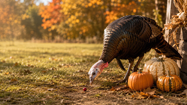 Turkey Foraging Beside Pumpkins in an Autumn Field