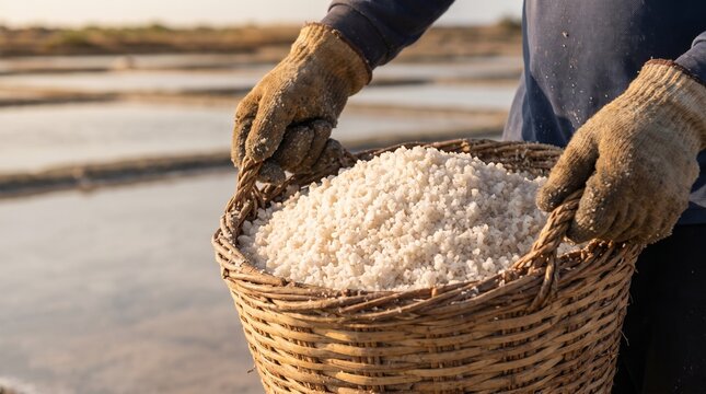 Worker hands carrying sea salt