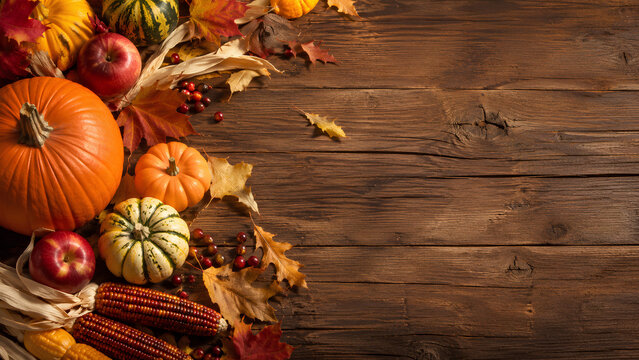 Autumn Harvest Border with Pumpkins on Rustic Wood