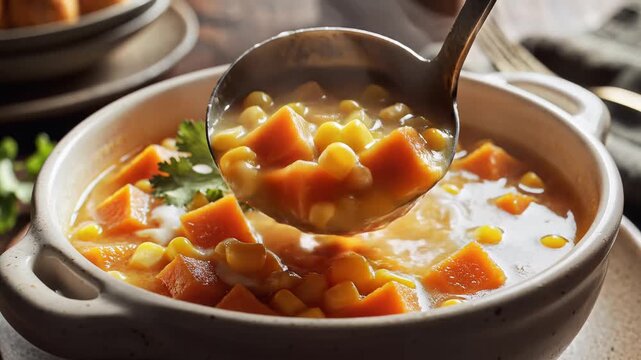 Ladle scooping hot creamy sweet potato and corn chowder in a rustic ceramic bowl