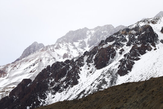 Snow-covered mountains in the Aconcagua provincial park in Mendoza, Argentina.