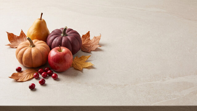 Minimal Autumn Pumpkin and Apple Arrangement with Copy Space