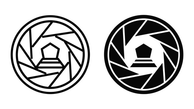 Camera shutter aperture with central pentagon vector icon on transparent background