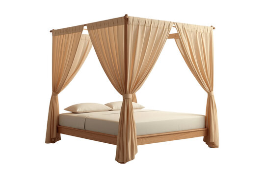 Warm wooden canopy bed with tied beige curtains