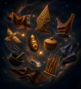 Ancient golden artifacts and relics collection displayed on dark background with dramatic lighting for historical and cultural themes
