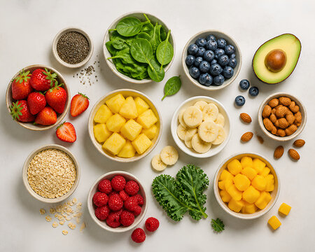 Fresh organic fruits and vegetables arranged in bowls for healthy eating and clean diet lifestyle